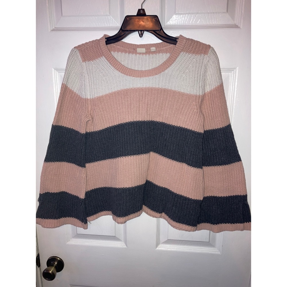 Gap For Good Womens XS Pink Gray Striped Ribbed Cotton Crewneck Sweater Pullover